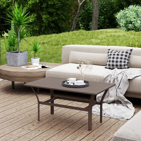 Outsunny Outdoor Coffee Table, All - Weather Rectangle Patio Coffee Table with Slatted Tabletop for Outside, Patio, Brown