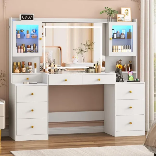 Blotout 62'' Large Vanity Desk W/60000 - Color LED Lights, Tempered Glass Top, Power Outlet, Makeup Vanity Table W/ 3 Lights Mode Mirror, 9 Drawers, 2 RGB Cabinets, LED Dressing Table for Girls, Women