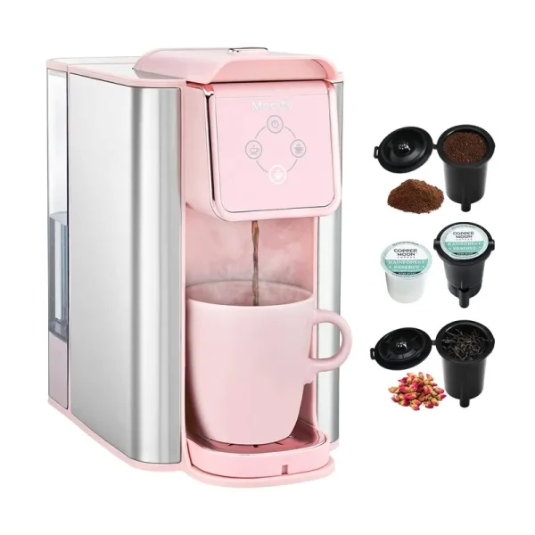 Mecity Pink Coffee Maker 3-in-1 Single Serve Coffee Machine, for Flat Bottom Coffee Capsule, Ground Coffee, 6 to 10 Ounce Cup, Removable 50 oz Water