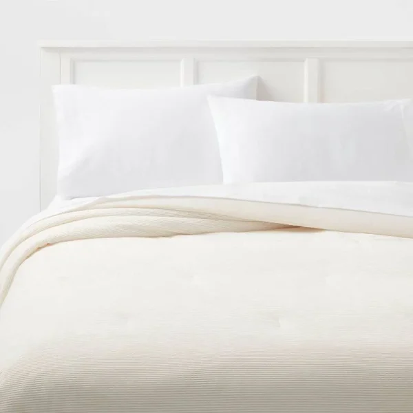 Full/Queen Corduroy Plush Comforter Ivory - Room Essentials