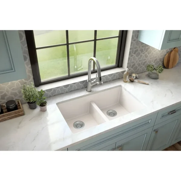 Karran QU-810 PK1 32 inch Undermount Double Bowl 50/50 Quartz Kitchen Sink Kit in White