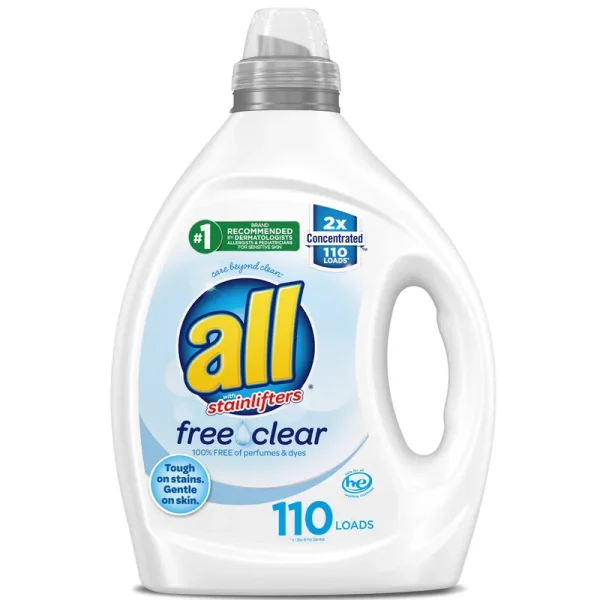 All Liquid Laundry Detergent, Free Clear for Sensitive Skin, 2x Concentrated, 110 Loads