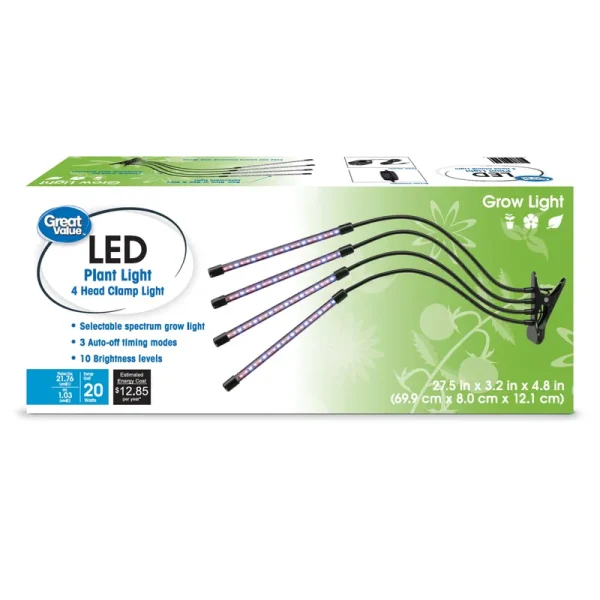 Great Value 4-Head Flexible LED Clamp Grow Light, 20W Selectable Spectrum