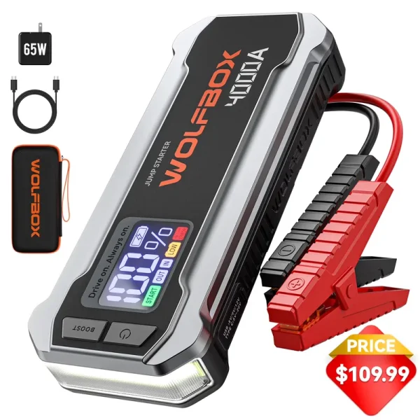 Wolfbox 4000A Car Battery Jump Starter, Portable Jump Starter Battery Pack, Battery Booster, Jump Box, Fast Charger and Jumper Cables for 10 L Gasoline and 10 L Diesel Engines