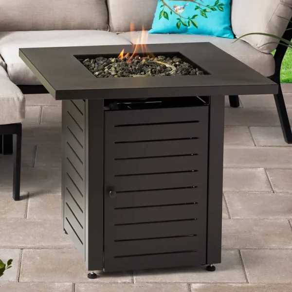 Mainstays 28" Square 50000 BTU Propane Gas Fire Pit Table with Lava Rocks Metal Lid and Protective Cover