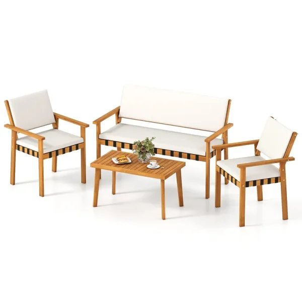 Tangkula Outdoor Acacia Wood Cuhioned Conversation Set with Coffee Table