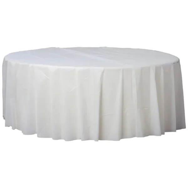 Amscan Tablecover, Plastic, Frosty White, Round, 84 Inch - 12 pkg