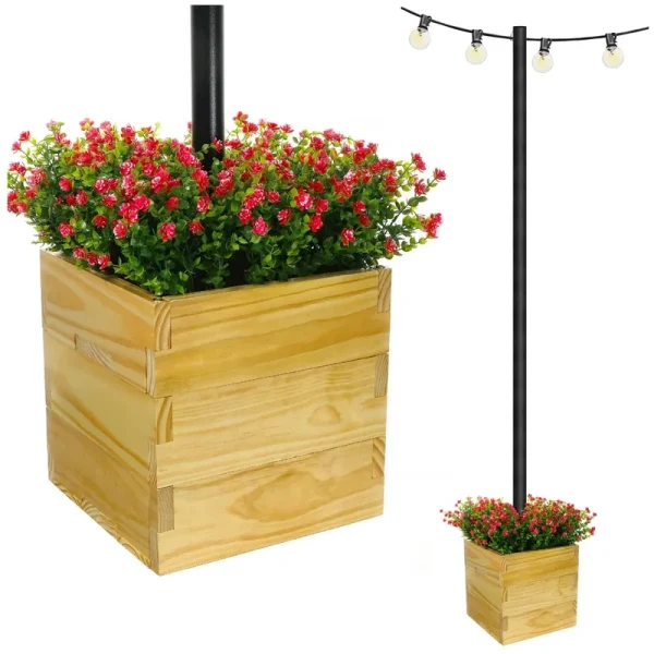 Excello Global Products EGP-HD-0478 Large 14 in. Natural Wooden Planter Box with String Light Pole Sleeve