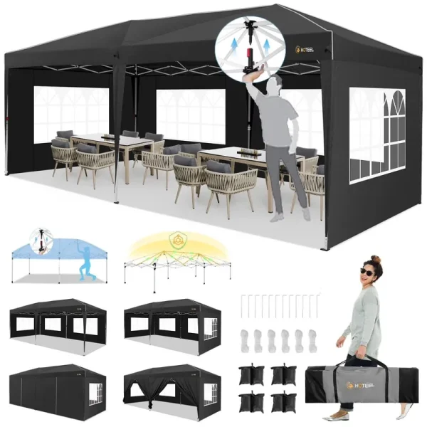 HOTEEL 10x20 Pop up Canopy with Sidewalls, One Push Outdoor Tents for Parties Waterproof Canopy Tent with Reinforce Rod, Easy Setup Event Tent with Sandbag for Backyard, Camping, Market, Black