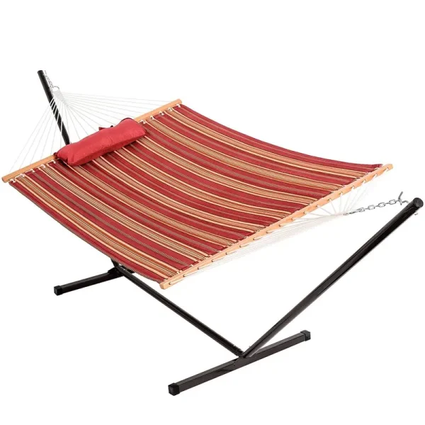 Lazy Daze Hammocks 12 Feet Steel Hammock Stand with Quilted Fabric Hammock Combo and Pillow, Red&Brown Stripe