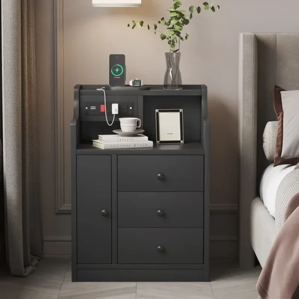 Nightstand with 3 Storage Drawers and Hutch, Black Night Stand with Charging Station End Side Table with 1 Door, Modern Bedside Table for Bedroom