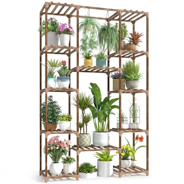 CFMOUR Wood Plant Stand Indoor Outdoor, 62.2" Tall Flower Shelf Tiered Plant Stands for Multiple Plants Large Planter Holder Hanging Shelves Rack