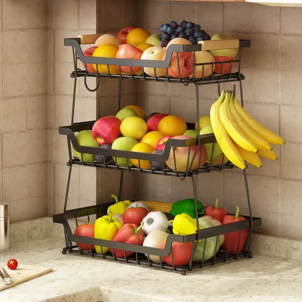 GILLAS 3 Tier Countertop Fruit Basket with 2 Banana Hangers for Kitchen, Detachable Metal Organizer for Bread Vegetable Fruits with Wooden Handle,