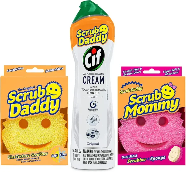 Scrub Daddy Original Plus Mommy Sponge w/Cif 16.9 oz. All Purpose Cleaning Cream Original - Multi-Surface 3 Count Bundle