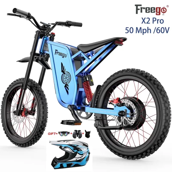 50MPH Electric Dirt Bicycle Freego X2 Pro, 6000W(Peak)Motor Electric Motorcycle, Electric Bike for Adults, 60V30AH Battery, 19x2 Tire Full Suspension Hydraulic Brake Half Throttle UL2849