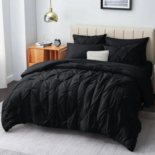 CozyLux Queen Comforter Set - 7 Pieces Comforters Queen Size Black, Pintuck Bed in A Bag Pinch Pleat Complete Bedding Sets with Comforter, Flat