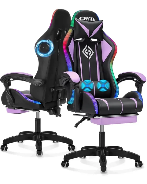 Hoffree Gaming Chair with Bluetooth Speakers and Footrest Massage Office Chair with LED Lights Ergonomic Game Chair High Back with Lumbar Support and Headrest Adjustable Swivel for Adults 300 lb