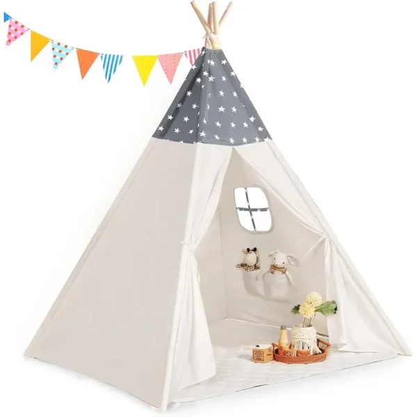 Teepee Tent for Kids Slumber Party - 100% Cotton Foldable Kids Tent Indoor with Light & Flag Play House Outdoor - Toddler Tipi Playroom for Girls Gift Toys - Tee Pee Tents(Stars Design) Grey Teepee