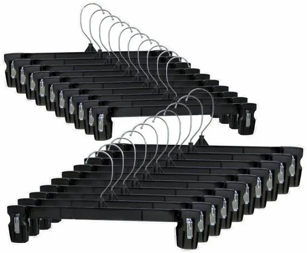 Hanger Central Recycled Black Heavy Duty Plastic Pants & Skirt Bottom Hangers with Padded Pinch Clips and Polished Metal Swivel Hooks, 14 inch, 25