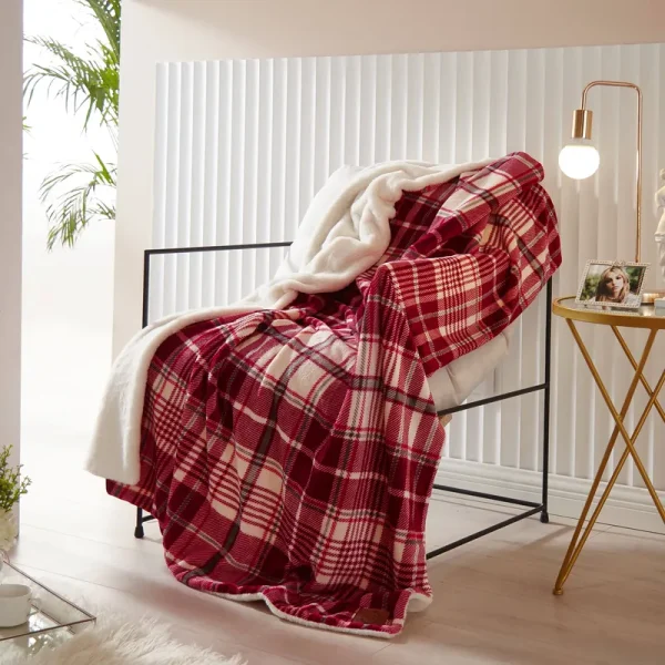 Dearfoams Red Plaid Plush with Ivory Faux Fur Reverse Throw, Red/Ivory, 50 in x 60 in, Size: 50 x 60