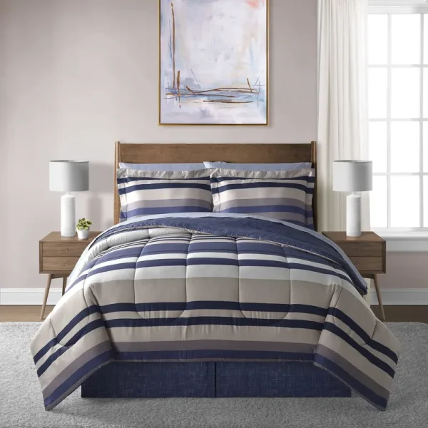 Lanwood Home Xavier Stripe 8-Piece Comforter Set - Blue - Queen