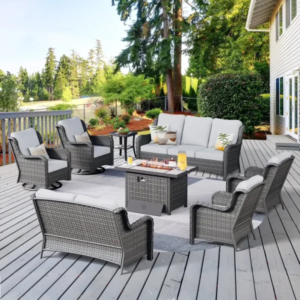 Vcatnet 8 Pieces Outdoor Patio Furniture Sectional Sofa All - Weather Conversation Set with Swivel Rocking Chairs and Fire Pit Table for Garden, Poolside, Gray