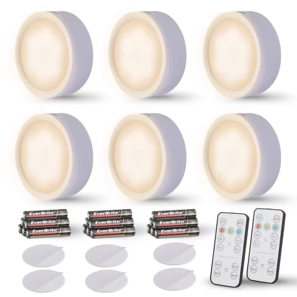 Everbrite Puck Lights, Battery Operated Lights, with Remote Control, Under Cabinet Lighting Wireless, Dimmable Closet Lights with Timer, Battery