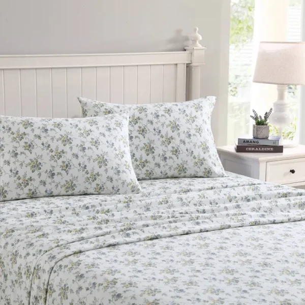 Laura Ashley Le Fleur Cotton Flannel Sheet Set, Twin - Pastel Blue