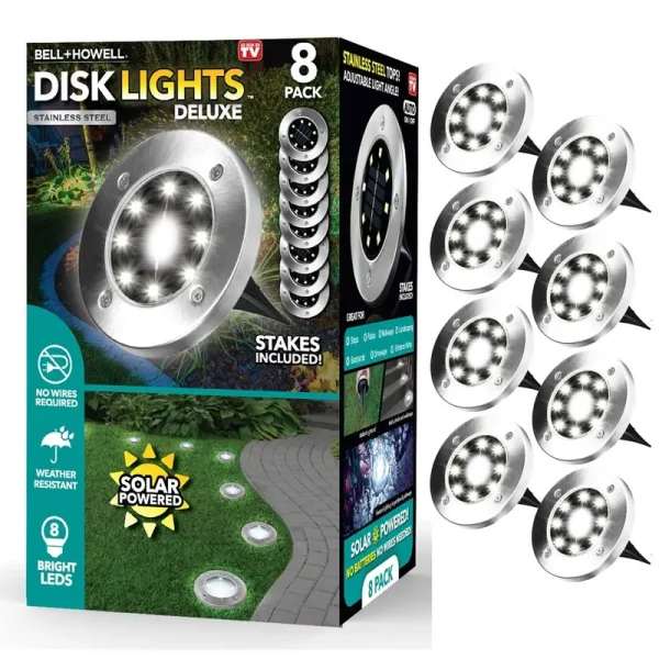Bell + Howell Solar Powered Disk Lights Stainless Steel, 8 Pack