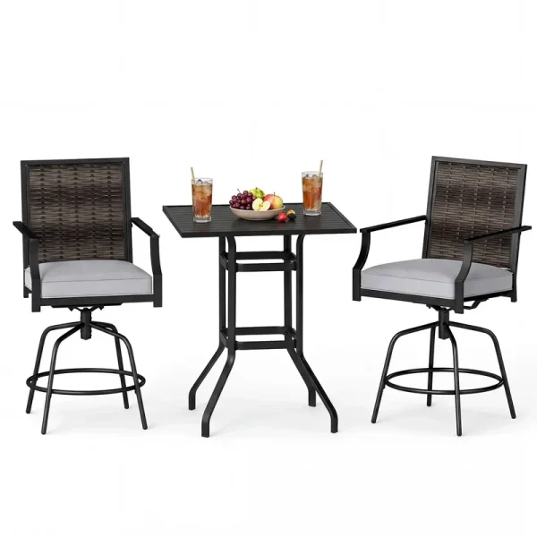 Tangkula 3 Pieces Outdoor Swivel Bar Set with Cushions and Sturdy Metal Frame