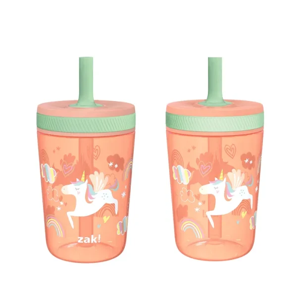 Zak Designs Kelso Tumbler Set 15 oz, ( Unicorn ) Non-BPA Leak-Proof Screw-On Lid with Straw Made of Durable Plastic and Silicone, Perfect Baby Cup