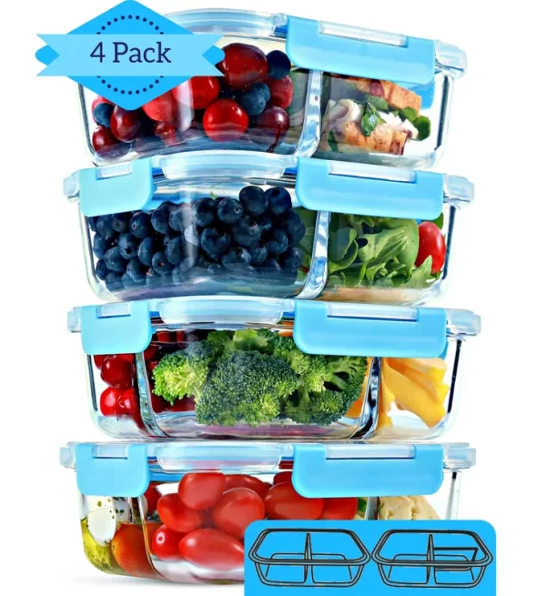 2 & 3 Compartment Glass Meal Prep Containers (4 Pack, 32 oz) - Glass Food Storage Containers with Lids, Airtight Glass Lunch Containers, Glass Bento