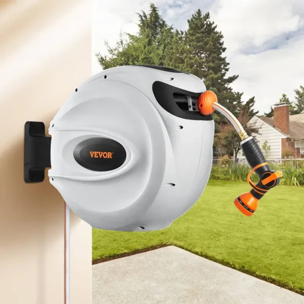 Bentism Retractable Hose Reel, 65 ft x 5/8 inch, 180 Swivel Bracket Wall-mounted, Garden Water Hose Reel with 9-Pattern Nozzle, Automatic Rewind, Lock