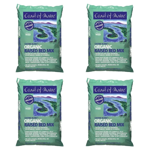 Coast of Maine Castine Blend Organic Raised Bed Soil Mix with All Natural Ingredients for Vegetables, Herbs, and Flowers, 1 Cubic Feet (4 Pack)