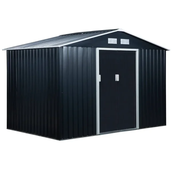 Outsunny 9' x 6' Metal Garden Shed Utility Tool Storage, Outdoor House for Backyard and Garden, Dark Grey