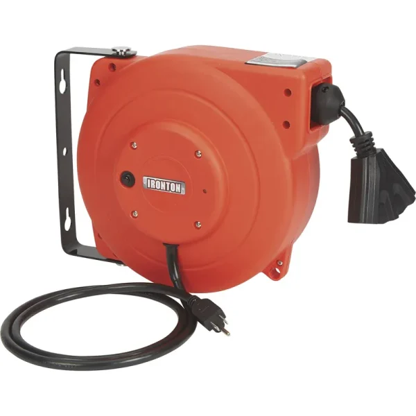 Ironton Retractable Extension Cord Reel - 40ft. 12/3 Triple Tap