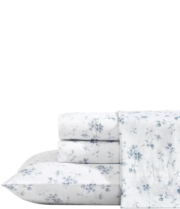 Laura Ashley Garden Muse Cotton Sateen 4 Piece Sheet Set, Queen - Blue Cashmere