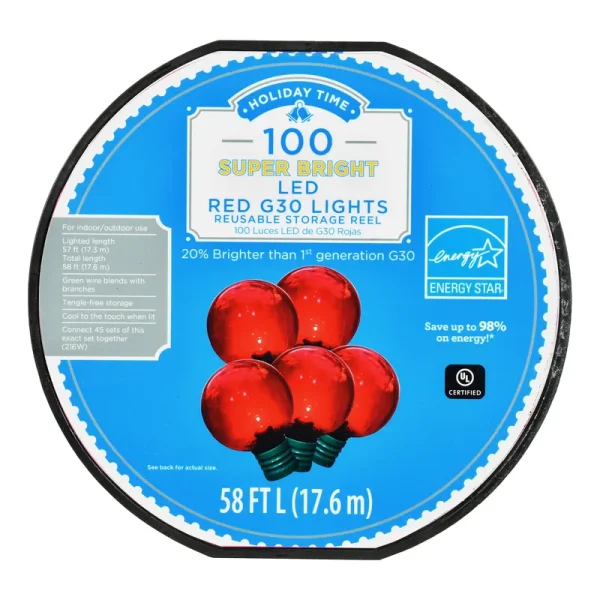 Holiday Time 57 ft, 100 Count Red LED Super Bright G30 Christmas Lights