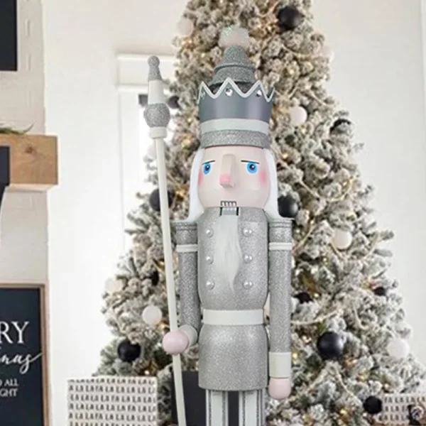 CDL 48" 4ft Tall Life-Size Large/Giant Silver Glitter Christmas Wooden Nutcracker King Ornament on Stand Holds Scepter for Indoor Outdoor Xmas/Event