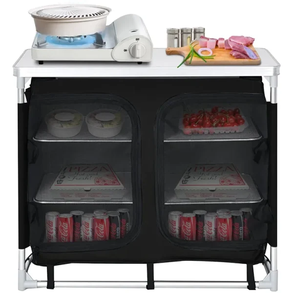 Camping Kitchen Station. Aluminum Portable Folding Cook Table with Storage Organizer and Carrying Bag. Quick Installation for Outdoor BBQ Party Backyards and Tailgating. Black