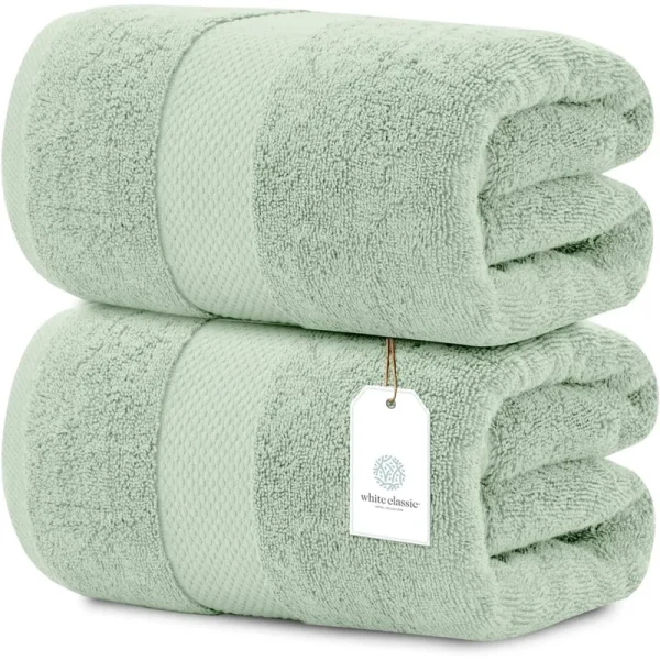 White Classic Luxury Cotton Oversized Bath Sheet 35x70 inch Set of 2|Green