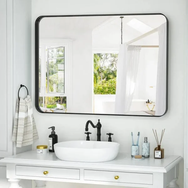30 in. W x 40 in. H Rectangular Modern Aluminum Framed Rounded Black W