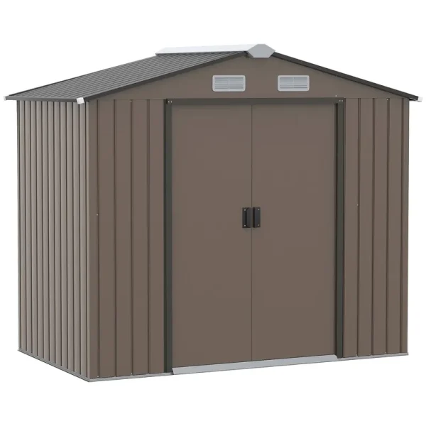 Outsunny 7' x 4' Outdoor Storage Shed, Garden Tool House with Foundation, 4 Vents and 2 Easy Sliding Doors for Backyard - Brown