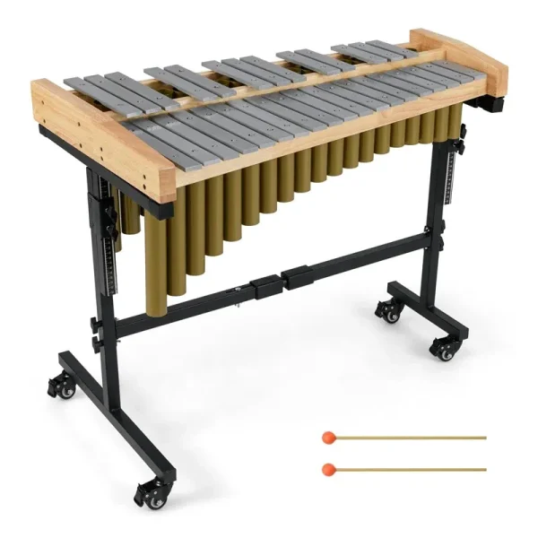 32 Note Marimba Aluminum Xylophone Percussion Instrument w/ Resonator Tubes, Rubber Wood Base, Adjustable Stand, Lockable Wheels, Mallets for Students