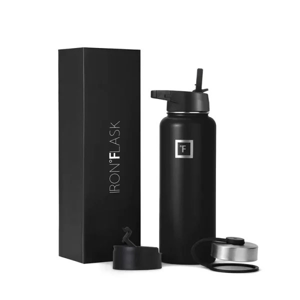 Iron Flask Sports Water Bottle - 22 oz 3 Lids (Straw Lid) Leak Proof Vacuum Insulated Stainless Steel Double Walled Thermo Mug Metal Canteen, Midnight