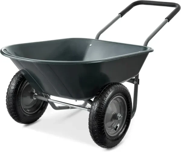 HLL Dual - Wheel Home Utility Yard Wheelbarrow Garden Cart W/Built - in Stand for Lawn, Gardening, Construction - Dark Gray