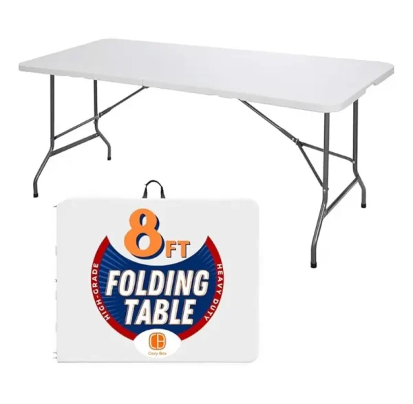 8FT Folding Table Indoor Outdoor Heavy Duty Portable Folding Plastic Dining Table W/Handle, Lock for Picnic, Party, Camping - White (4ft, 6ft, 8ft) (8ft)
