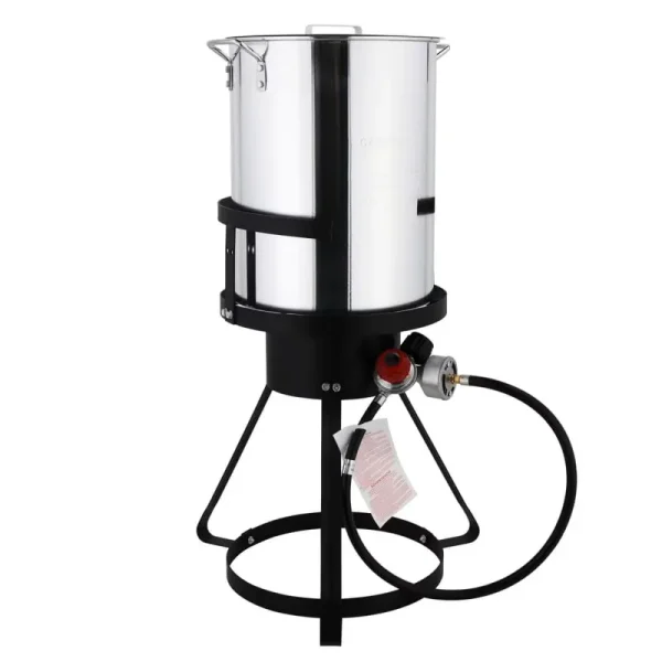 Hassch 30QT Aluminum Turkey Deep Fryer Pot, Seafood Crawfish Boiler Steamer Pot with 55, 000 BTU Propane Gas Burner Stand for Outdoor Cooking, Silver