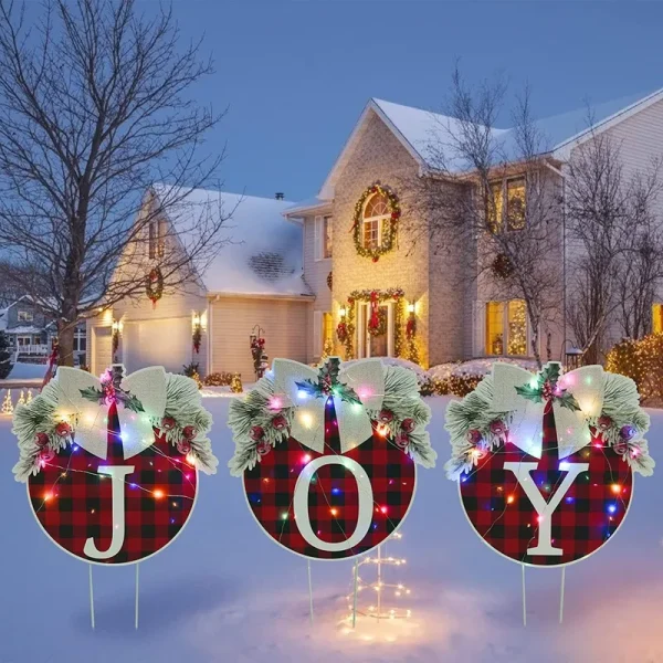 Kaboer 3 Pcs Christmas Decorations Outdoor Yard Signs,Buffalo Check Plaid Design with LED Lights String,Xmas Holiday Lawn Garden Decorations