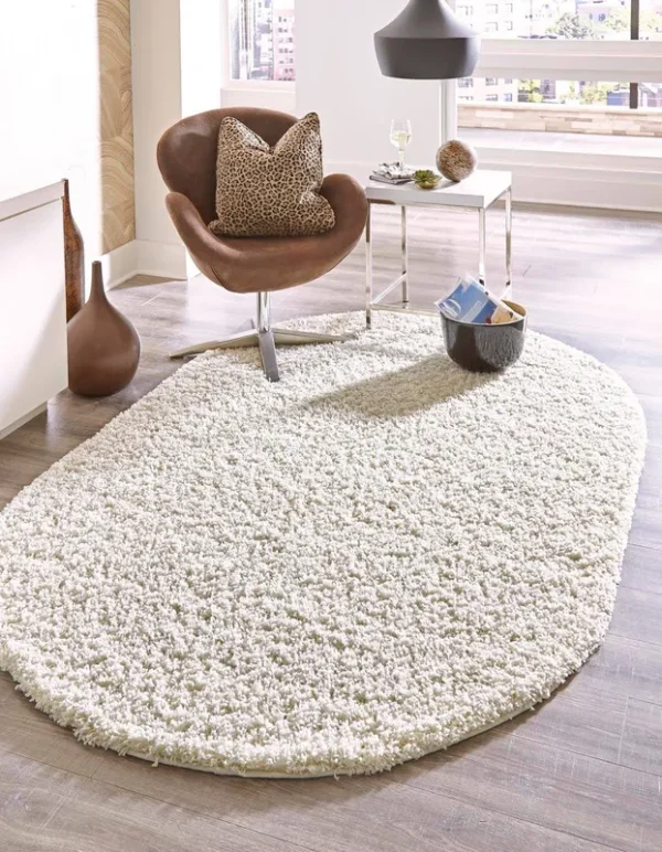 5'x8' Oval Solid Shag Rug Ivory - Unique Loom